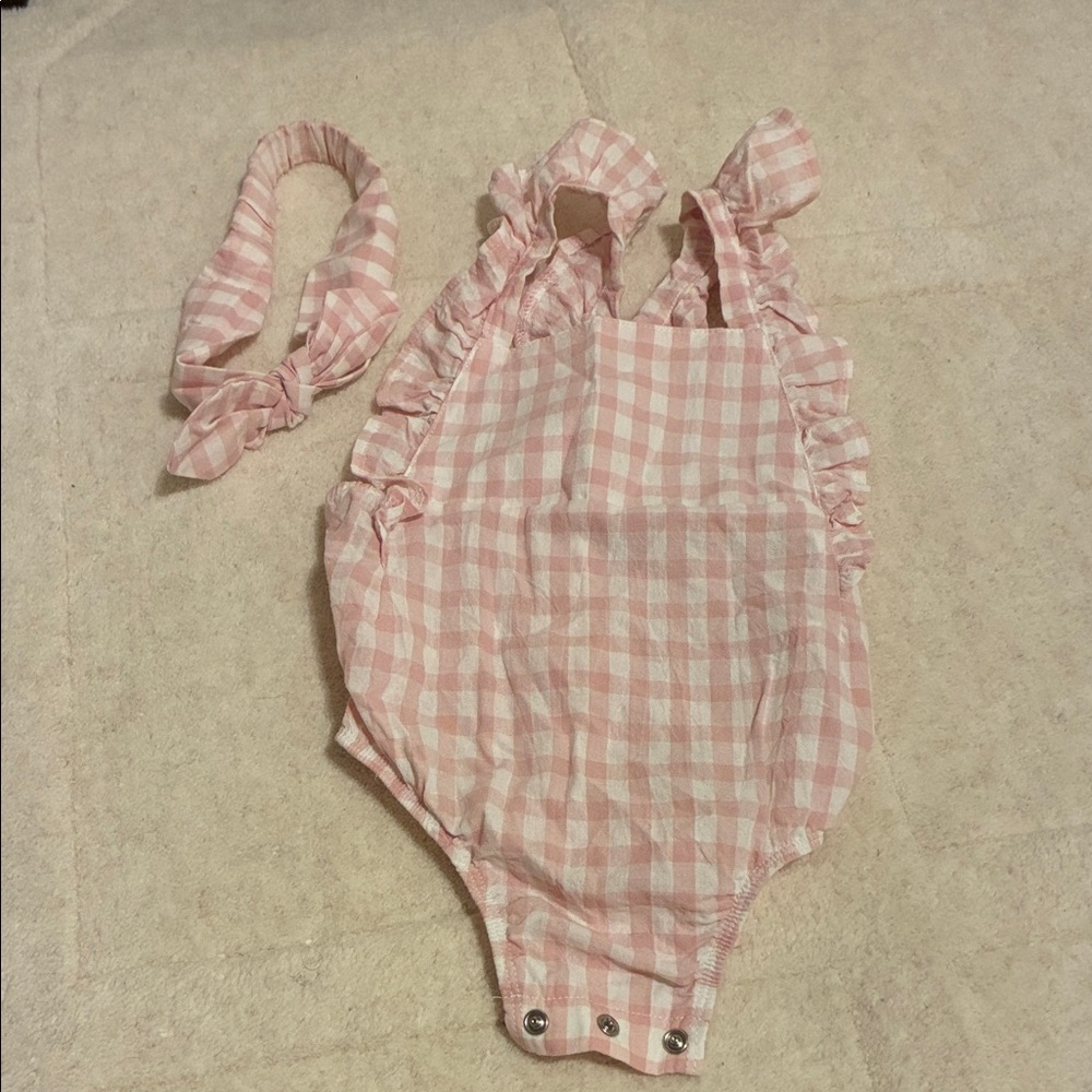 Mud Pie Pink Checkered Baby bubble with Bow